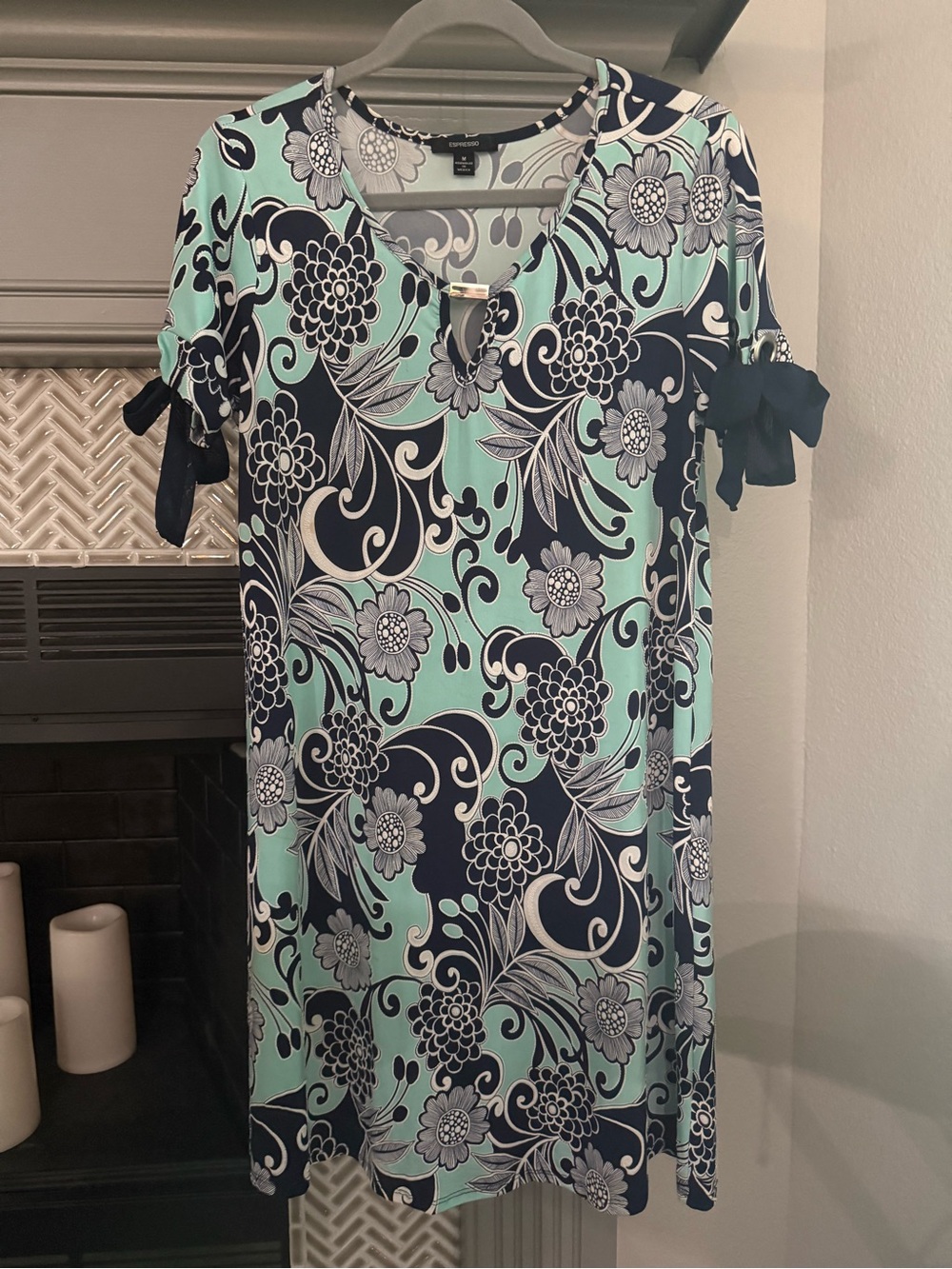 Women’s Floral Tie-Sleeve Dress in Aqua and Navy